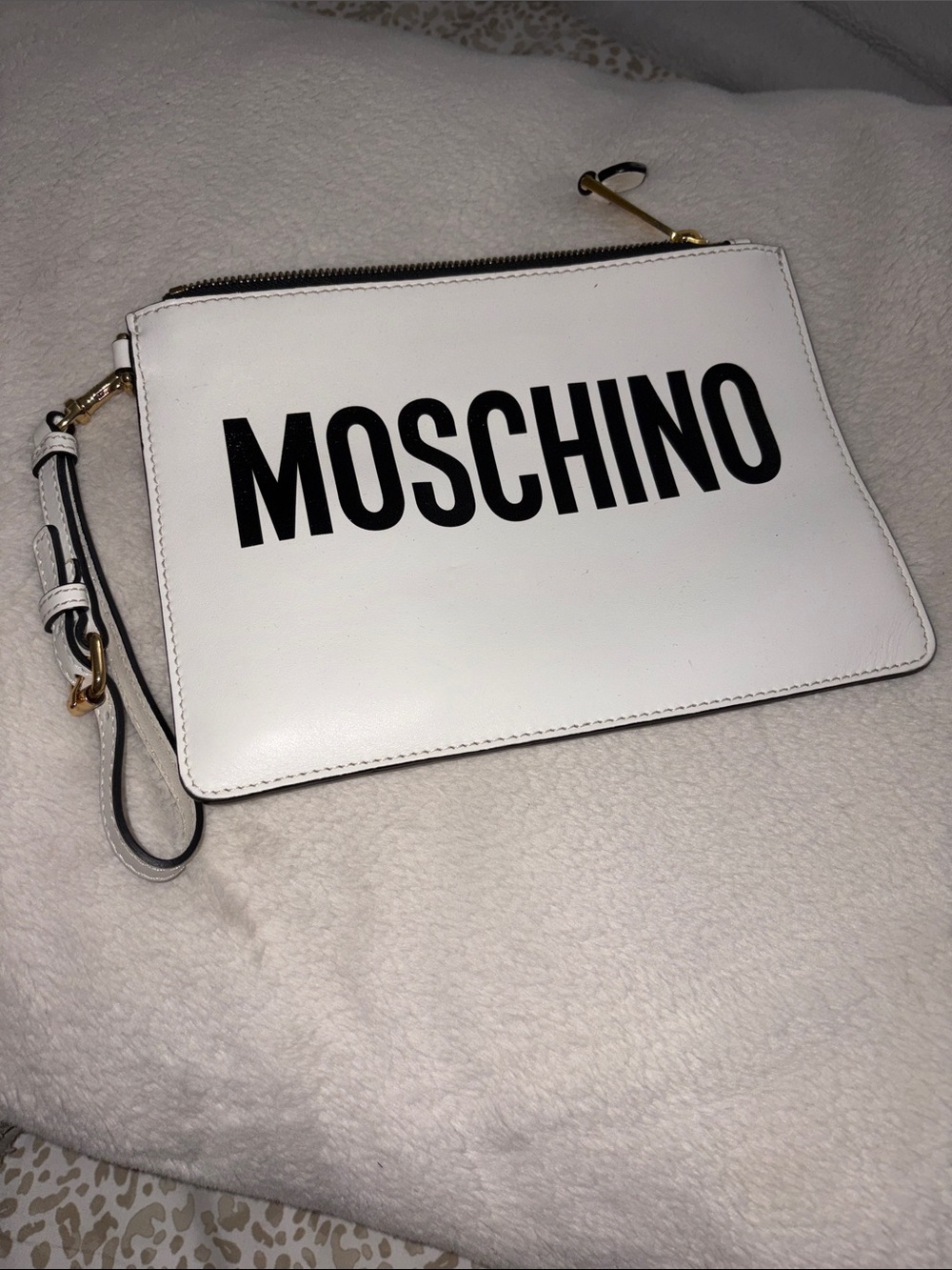 Moschino White Leather Logo Wristlet Clutch with Black Print